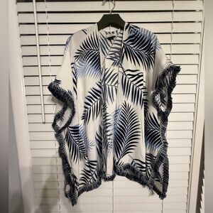 Leaf Print Poncho with Fringe one size fits most